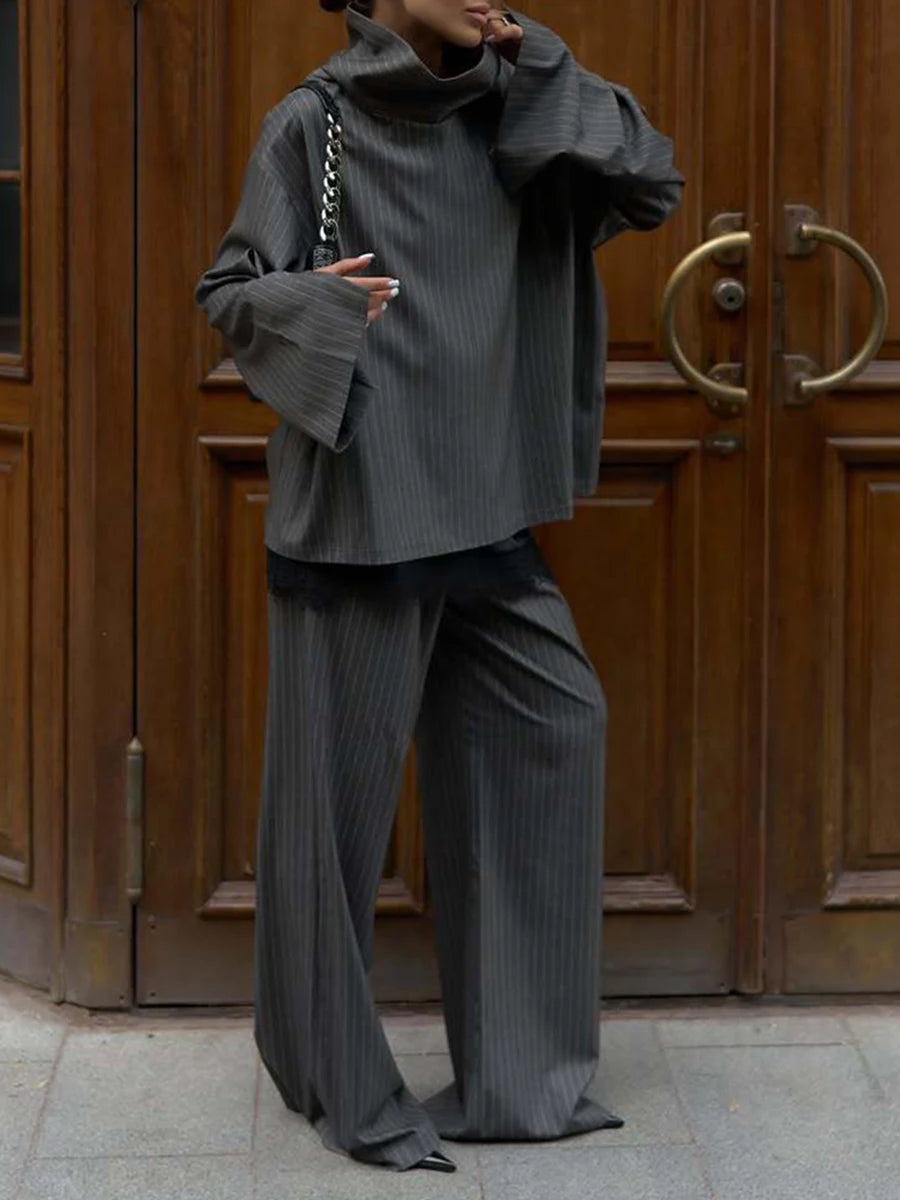 Casual Striped Women Two Piece Set Turtleneck Long Sleeve Loose Top Long Pants for Office Casual Outing Fashion New
