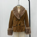 Retro Suede Faux Fox Fur Collar Blazer Coat Long Sleeve Double Breasted Fluffy Furs Cuff Women Fashion Jacket 2026 Chic Outfits