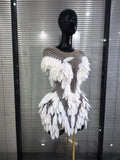 White Golden Women Sexy Mesh See Through Rhinestones Bodycon Mini Dress 3D Leaves Celebrate Nightclub Performance Costumes