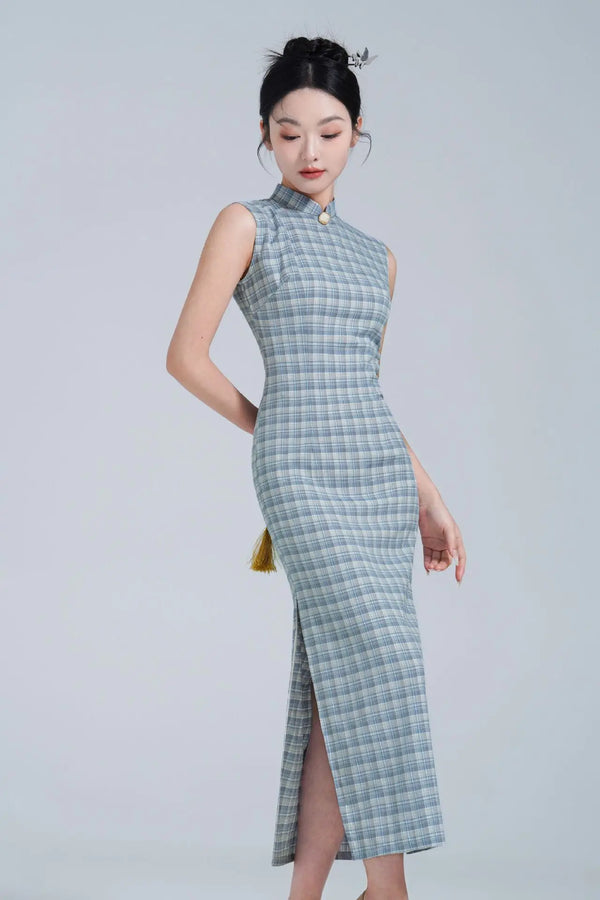 Improved Artistic Grid Long Sleeveless Cheongsam Dress Spring New Fashion Young Girl's Daily Qipao Dress