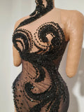 Sparkly Diamond Sexy Black Mesh Asymmetric Bodycon Mini Dress Women Nightclub Bar Party Show Gogo Dancer Clothing Stage Costume