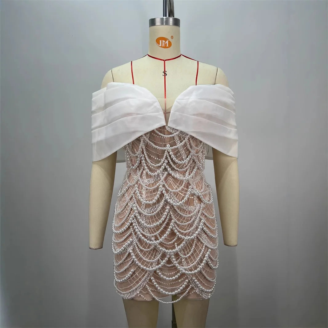 Luxury Beaded Glam Off-the-shoulder One-word Collar Short Dress Socialite Birthday Party Performance Wear Cocktail Formal Gown