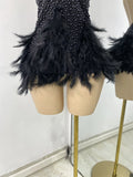 Women Sexy Halter Beading Feather Tight Bodysuit Nightclub Performance Leotard Luxury Party Celebrate Stage Wear