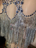 Silver Crystals Fringes Rhinestones Sexy Transparent Party Dress Natural for Birthday Prom Evening Bar Outfit Dancer Costume