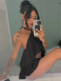 Ruched Elegant 2 Piece Set Woman Tierred Design Halter Backless Irregular Tops+Mini Shorts Beach Party Style Suits