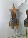 Sexy Mesh See Through Rhinestones Two Pieces Dress Coat Sets Women Sparkly Tassels Performance Singer Dancer Stage Costume