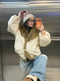 Vintage Faux Fur Trim Puffer Jacket Women Big Furry Collar Oversized Bubble Sleeve Warm Winter Coat Lady Winter Outerwear 2026
