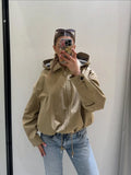 Khaki Hooded Cropped Jacket Faux Two‑inner Zip‑up Plaid Fabric Drawstring Bottom Women Coats Spring Autumn Casual Daily Outfits