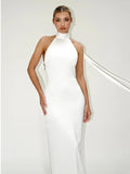 Elegant Solid Ribbon Women Halter Dress Off Shoulder Pearl Chain Backless Slim Female Maxi Dresses Wedding Gowns Chic Lady Robe