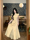 Olive Girl Yellow Dramatic Qipao for Ren Faire 2026 Garden Wedding Fairycore Photoshoot Everyday Wear S-XXL XS-3XL Plus Size Dramatic Silhouette Romantic Garden Party Editorial Not Costume Qipao Cheongsam Chinese Dress Chinese Heritage Fashion Women
