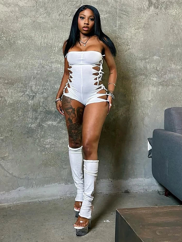 Hollow 2-Piece Set Women Tassel Bandage Low-Neck Sleeveless Backless Playsuits+Simple Leg Sleeve Midnight Sexy Suit