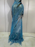 Sparkly Diamonds Tassel Long Dress Birthday Evening Party Sexy Strapless Side High Slit Mesh See Through Nightclub Stage Costume