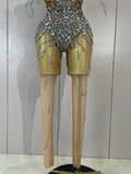 Sexy 3D Butterfly Strapless Mesh See Through Jumpsuit Sparkly Silver Diamond Eveing Party Birthday Bar Nightclub Stage Costumes
