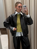 Women 2‑Piece Outfit Glossy Waxed Faux Leather Zip‑Up Jacket And High Waist Split Midi Skirt Set Fall Streetwear Matching Suit