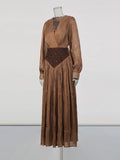 French Retro Vacation Dress for Women V Neck Lantern Sleeve Spliced Bead Square Scarf Tunic Temperament Long Dresses Female