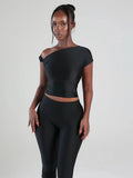 Sexy Irregular Knot 2-Piece Set Women Diognal Collar Crop Top+Capri Pants Stylish Solid Hottie Street Slim Outfits