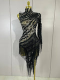 Women One Shoulder Latin Dance Outfits Sexy Leopard Print Sparkly Diamond Tassel See-Through Dress Nightclub Party Stage Costume