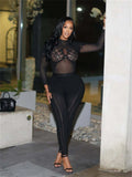 Wild See Through 2 Piece Set Women Sexy Jacquard Mesh Full  Sleeve Crop Top+Line Print Pants Stretch Club Streetwear