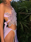 Sequin Flowers 2Piece Set Women Sexy Beach Vacation y2k Chic Skew Collar Tank Tops+Bandage Maxi Split Skirts Clubwear