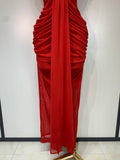 Women Sexy Sleeveless O-Neck Bodycon Mesh Long Dress Hollow Out Celebrate Fashion Show Celebrity Evening Party Club Dress
