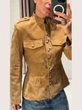 Vintage Waist Cinched Women's Suede Jacket Stand Collar Long Sleeve Single Breasted MilitaryJackets 2026 Autumn Lady Chic Coats