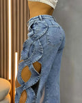 Women Streetwear Cutout Hollow Out Criss Cross Side Wide Leg  Blue Denim Pants  Fashion Sexy Party Jeans Trousers