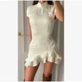 Women Solid Polka Dot Mini Dress Deep V Neck Puff Sleeve Pleated Front Button A-line Short Dresses Elegant Party 2026 Lady Gown