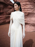 Apricot Spliced Mesh Folds Shawl Design Long Dresses For Women Sleeveless High Waist Temperament Maxi Dress Female 2026