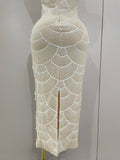 Elegance Pearl Beading Sequins Sleeveless Sexy Strap Bodycon Long Dress Women Celebrate Evening Party Birthday Outfit Vestido