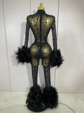 Luxury Diamond Black Mesh Transparent Stretchy Long Sleeve Jumpsuit Women Sexy Performance Singer Costume Nightclub Outfit