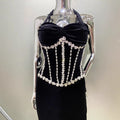 Women's Fashion Gloves Shiny Rhinestone Neck Waist Black Velvet Dress Celebrity Dinner Red Carpet Party Evening Performance Gown