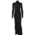 Elegant Turtleneck Curvy Brown Dress Women's Sexy Long Sleeve Shoulder Pad Party Evening Tight Elastic Dresses Winter New Black
