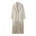 Beige Woolen Lapel Collar Fringe Hem Oversized Long Coats Chic Long Sleeve Warm Jackets Winter Daily Street Lady Outerwear 2026