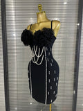 Black Color Women Sexy Strap Pearl Beading Bodycon Mini Bandage Dress Florals Celebrate Nightclub Party Cocktail Outfit