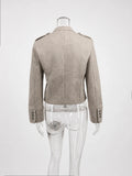 Women Double-Breasted Stand Collar Cropped Jacket Long-Sleeved Solid Zipper Metal Button Fashion Street Coat Autumn Winter