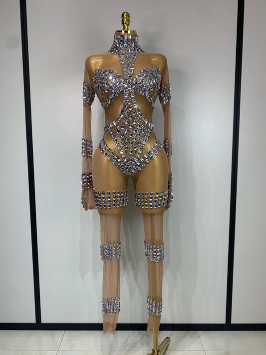 Women Sexy Transparent Sparkly Crystals Rhinestones Mesh Strech Jumpsuit Birthday Dance Costume Performance Stage Outfit