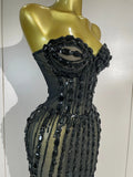 Sexy Sparkly Diamonds Black Strapless Mesh See Through Long Dress Evening Party Birthday Nightclub Photo Shoot Stage Costumes
