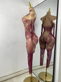 Sparkly Crystals Women Sexy with Sleeves Stretch Mesh See Through Jumpsuit Nightclub Stage Wear Performance Dance Costume