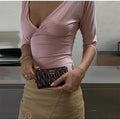 Deep V Neck Sleeve Ruched Cropped Top Wrap Front Slim Stretch s2026 Spring Summer Chic b Lady Women Sexy Minimalist Blaze