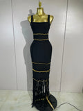 Elegant Black Sexy Square Collar Tassel Sleeveless Bodycon Bandage Dress Women Celebrity Evening Party Prom Birthday Dresses
