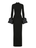 Women Elegant Evening Club Party Trumpet Long Sleeves Sexy Turtleneck Tight Maxi Bandage Dress Black Vestido