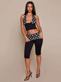 Patchwork 2-Piece Set Women Backless Halter Low-Neck Vest+Folds Elastic Waist Short Fashion Polka Dot Print Suits