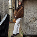 Brown Suede Shearling Lined Hooded Cropped Jacket Women's Bomber Coat  Warm Winter Outerwear Fashion High Street Lady Outfit