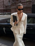 Women 2026 Spring Summer Blazer Two Piece Deep V Neck Peplum Waist Button Top Mermaid Long Skirt Commute Matching Set