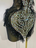 Sexy Strapless Black Mesh See Through Mini Dress Women Eveing Luxury Sparkly Diamonds Birthday Bar Party Nightclub Stage Costume