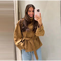 Women Suede Jacket Stand Collar Asymmetric Button Belted Waist Peplum Hem Long Sleeve Loose Retro Casual Outerwear Fashion Coat