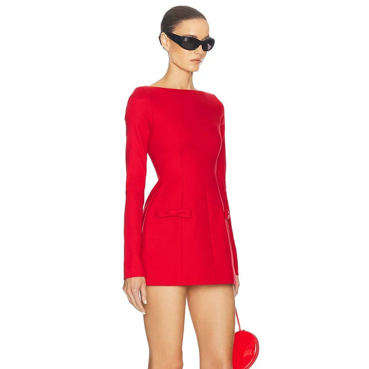 Bows Splice Long Sleeve Mini Dress Elegant Office Woman Solid Bodycon Club Party Dresses 2024 Autumn High Waist Fashion