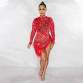 Sexy Pearls Rhinestone Party Dresses Women Elegant Nightclub Feather Birthday Dress Long Sleeve Mesh Sheer Bodycon Dress