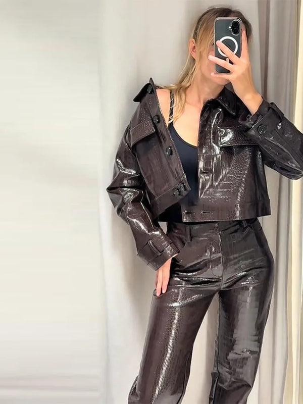 Women's Brown Faux Leather Pants Set Fashion Lapel Single Breasted Cropped Jacket Wide Leg Trouser Lady Autumn Chic Outfits