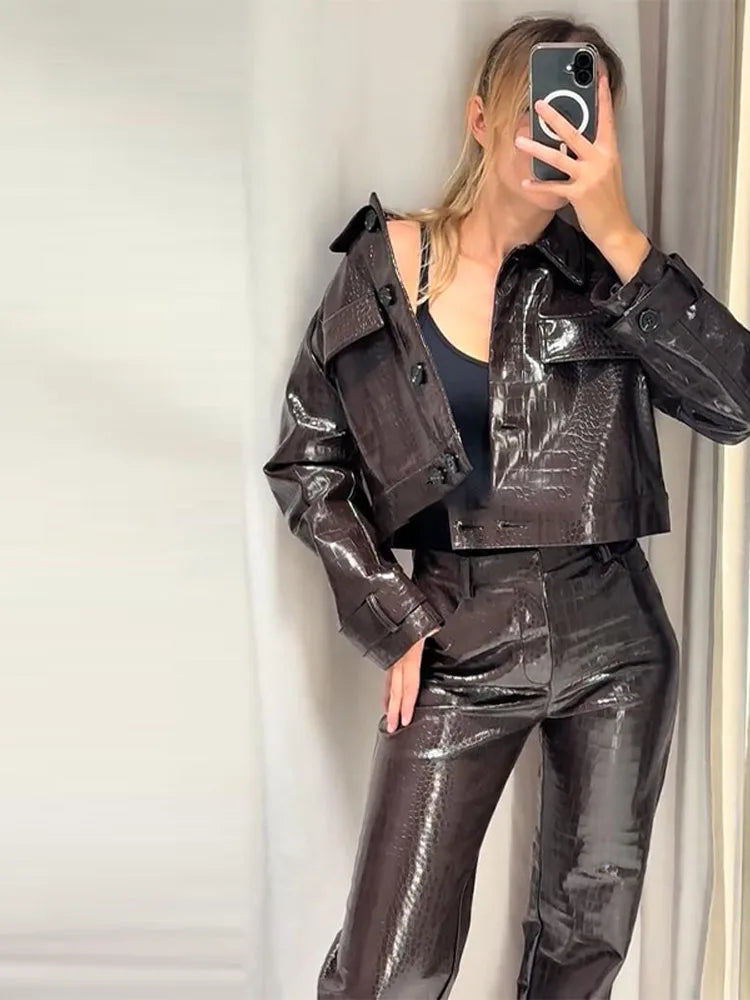 Women's Brown Faux Leather Pants Set Fashion Lapel Single Breasted Cropped Jacket Wide Leg Trouser Lady Autumn Chic Outfits